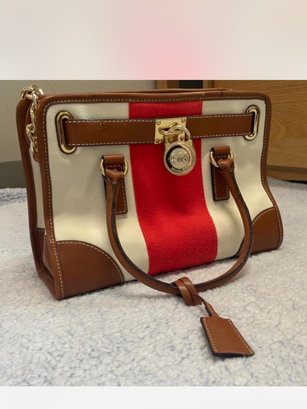 Michael Kors Cream Hamilton Striped Canvas Large Tote Purse